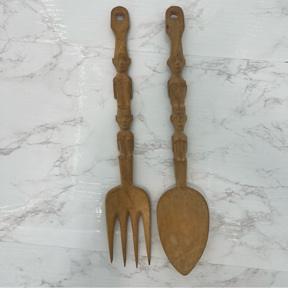 VINTAGE MCM hand carved wooden tribal tiki salad serving SPOON & FORK